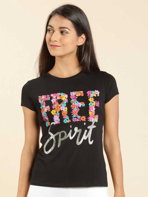 

LYRA Women Black Floral Printed Extended Sleeves Slim Fit Outdoor T-shirt