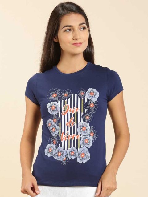 

LYRA Women Navy Blue Printed Slim Fit Outdoor T-shirt