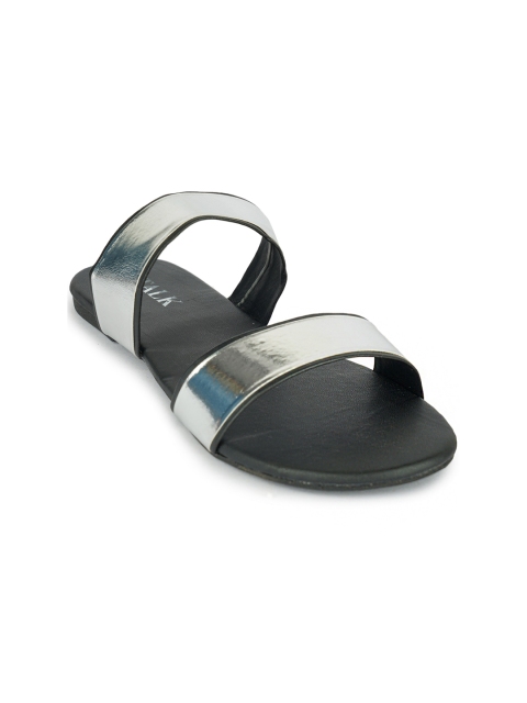 

STALK Women Silver-Toned & Black Colourblocked Open Toe Flats