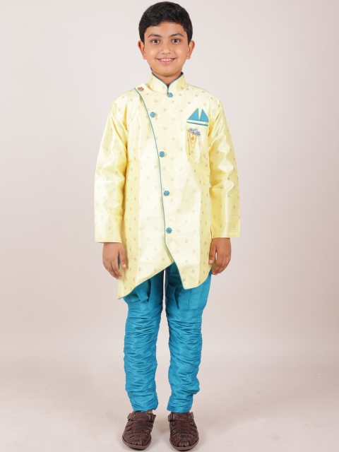 

Pothys Boys Yellow & Turquoise Blue Woven Design Jacquard Sherwani