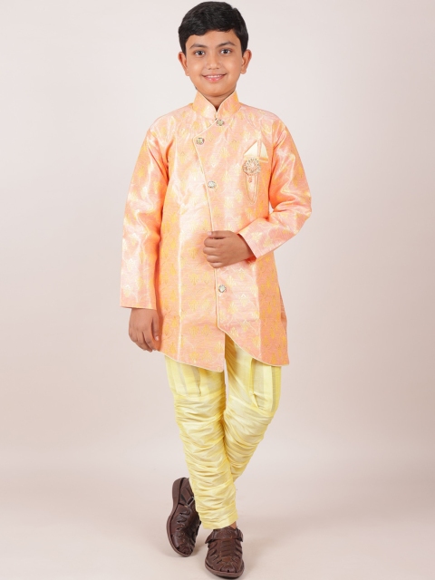 

Pothys Boys Peach-Coloured & Yellow Woven Design Sherwani