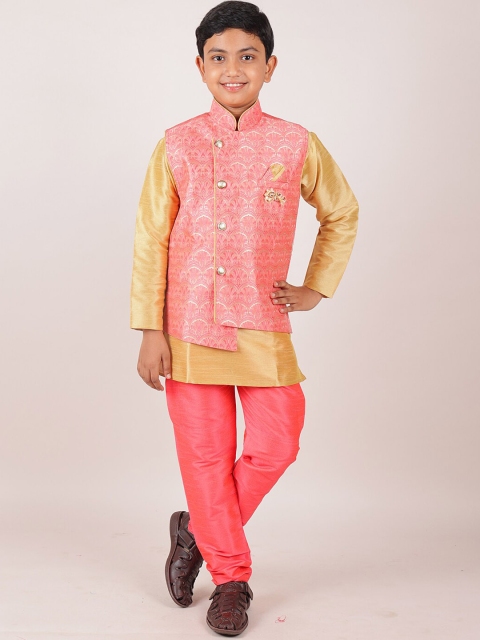 

Pothys Boys Pink Jacquard Kurta with Churidar & Nehru Jacket