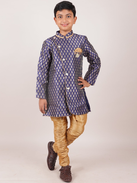 

Pothys Boys Blue And Gold Toned Printed Jacquard Sherwani