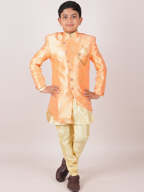 

Pothys Boys Peach & Cream Embellished Jacquard Printed Cotton Sherwani Set