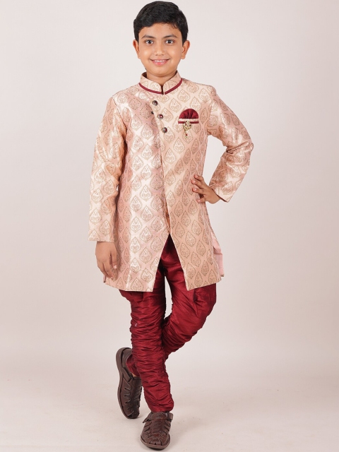 

Pothys Boys Peach & Red Woven Design Sherwani Set