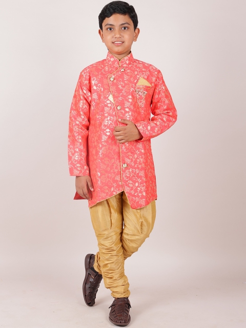 

Pothys Boys Pink & Gold Floral Jacquard Printed Cotton Sherwani Set