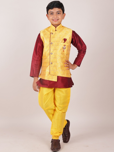 

Pothys Boys Gold-Toned & Red Jacquard Sherwani