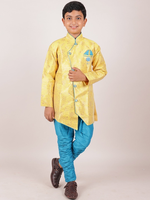 

Pothys Boys Yellow & Blue Woven Design Sherwani Set