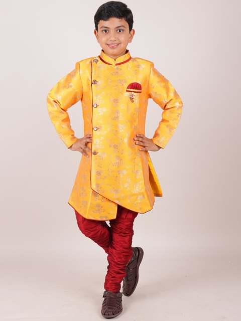 

Pothys Boys Orange And Red Woven Design Sherwani