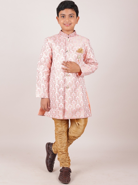 

Pothys Boys Pink & Brown Floral Jacquard Printed Cotton Sherwani Set