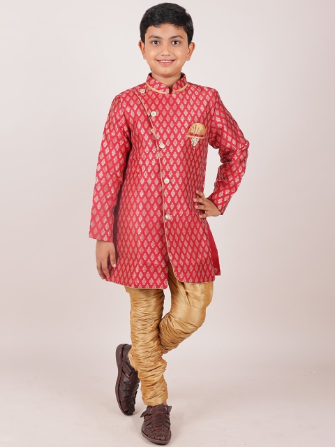 

Pothys Boys Red Ethnic Motifs Jacquard Angrakha Kurta with Churidar