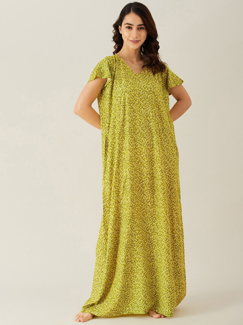 

The Kaftan Company Yellow & Green Floral Printed Maxi Nightdress