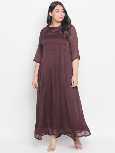 

Amydus Women Plus Size Brown Solid Round Neck Chiffon Maxi Dress