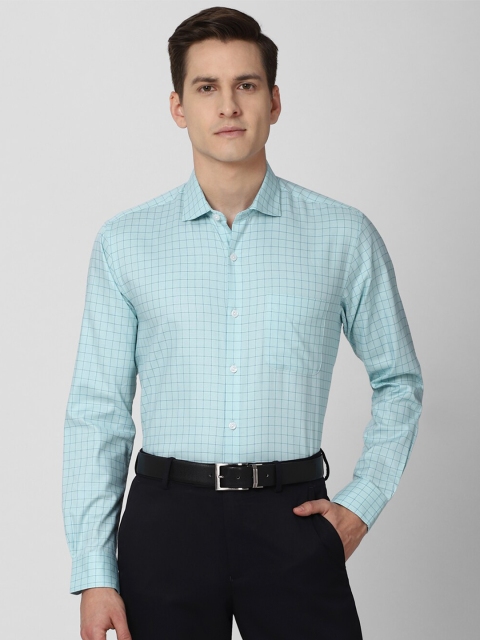 

Peter England Elite Men Turquoise Blue Regular Fit Grid Tattersall Checks Formal Shirt