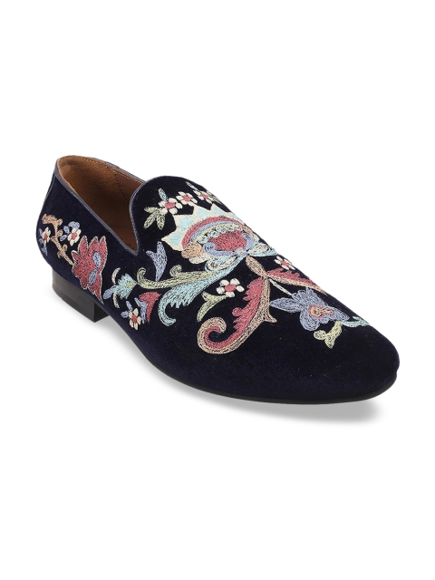 

DAVINCHI Men Navy Blue Embroidered Suede Party Loafers