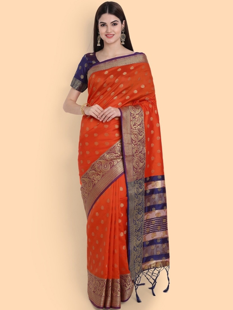 

awesome Orange & Gold-Toned Woven Design Zari Silk Cotton Banarasi Saree