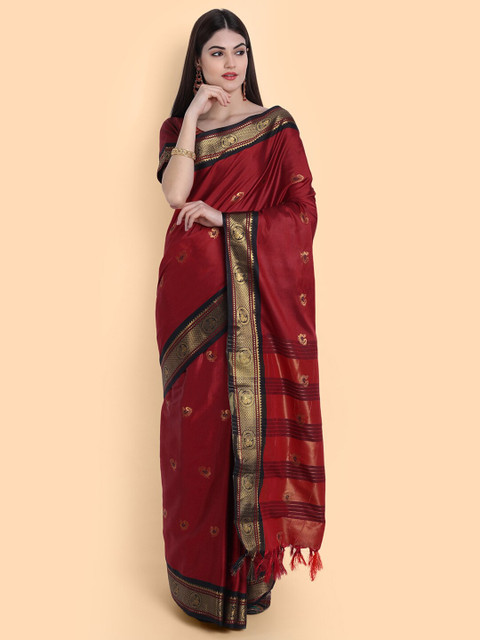 

awesome Maroon & Black Ethnic Motifs Pure Silk Mysore Silk Saree