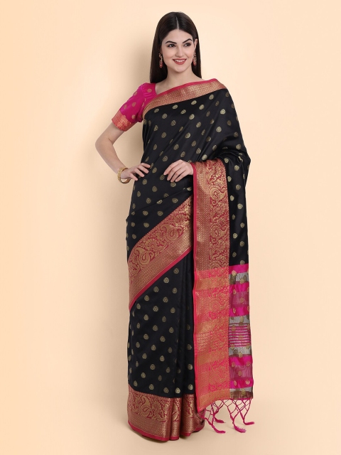 

awesome Black & Pink Ethnic Motifs Printed Zari Silk Cotton Banarasi Saree