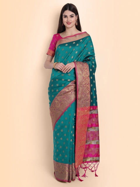 

awesome Green & Fuchsia Ethnic Motifs Zari Silk Cotton Banarasi Saree