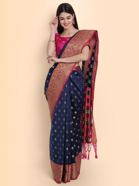

awesome Navy Blue & Magenta Ethnic Motifs Zari Silk Cotton Banarasi Saree
