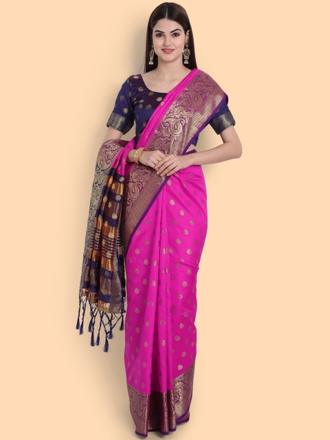 

awesome Women Pink & Navy Blue Woven Design Silk Cotton Saree