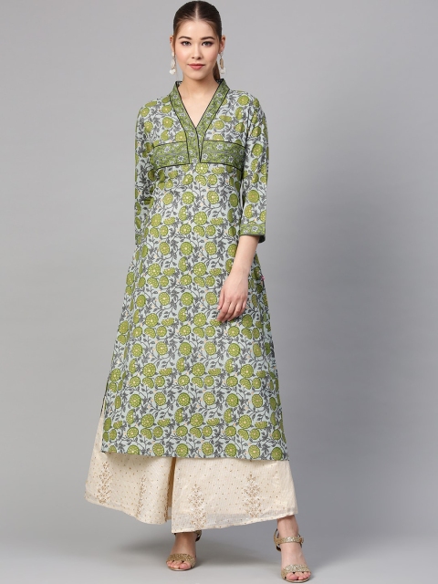 

Varanga Women Green Cotton Floral Printed A- Line Kurta