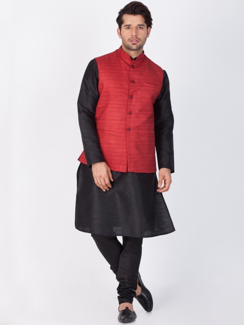 

VASTRAMAY Men Black & Maroon Solid Kurta with Churidar & Nehru Jacket