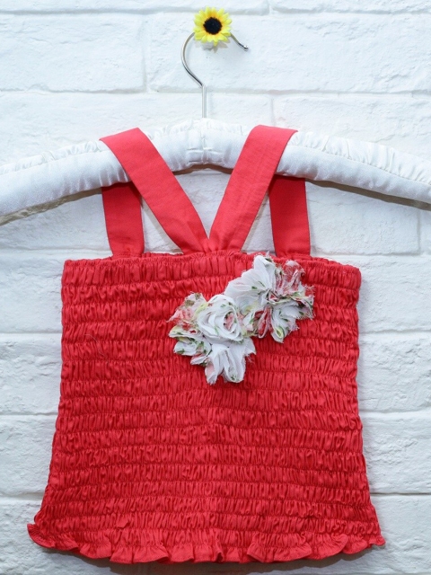 

Mish Organic Girls Red Flower Embellished Shoulder Straps Pure Cotton Smocked Top
