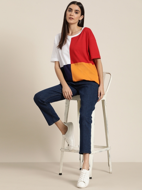 

Moda Rapido Women Red & White Pure Cotton Relaxed Fit Colourblocked T-shirt
