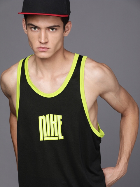 

Nike Men Black & Lime Green Brand Logo Printed Sleeveless T-shirt