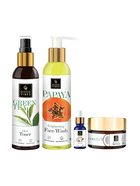 

Good Vibes Set of 4 Green Tea Toner, Papaya Facewash, Rose Hip Serum & Coconut Face Cream, Transparent