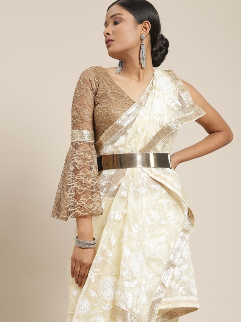 

Tikhi Imli Cream-Coloured Embroidered Floral Saree