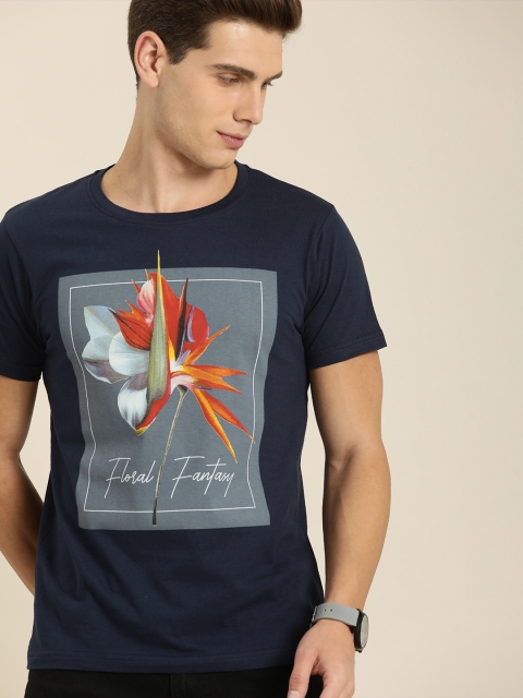 

Moda Rapido Men Navy Blue Floral Printed Pure Cotton T-shirt