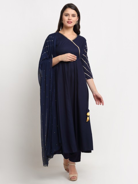 

The Mini NEEDLE Women Blue Angrakha Gotta Patti Kurta with Trousers & With Dupatta
