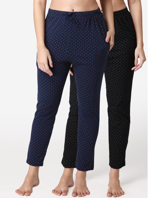 

ABELINO Women Pack Of 2 Printed Pure Cotton Lounge Pants, Black