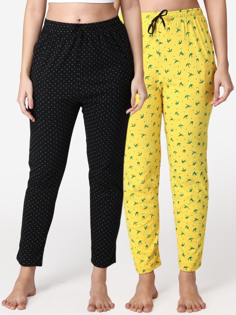 

ABELINO Women Pack Of 2 Yellow & Black Printed High-Rise Pure Cotton Lounge Pants