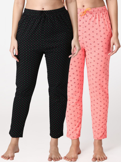 

ABELINO Women Pack Of 2 Printed Pure Cotton Lounge Pants, Black