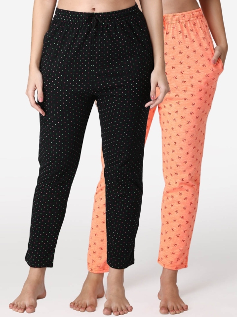 

ABELINO Women Pack Of 2 Printed Pure Cotton Lounge Pants, Black
