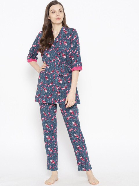 

Kanvin Women Blue & Pink Printed Pure Cotton Night suit