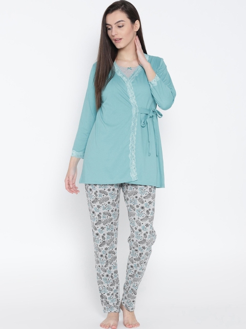 

Kanvin Women Grey & Blue Printed Pure Cotton Night Suit