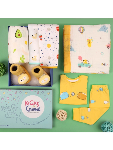 

KICKS & CRAWL Infant Kids Yellow & Cream Printed Pure Cotton Apparel Gift Set