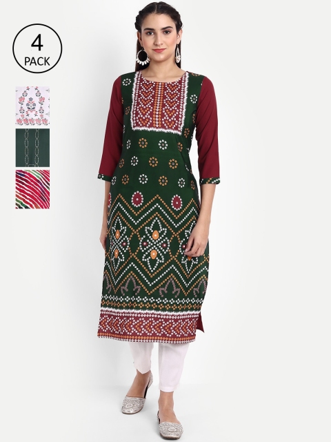 

Ethnic basket Women Pack of 4 Multicoloured Printed Crepe Straight Kurta, Multi