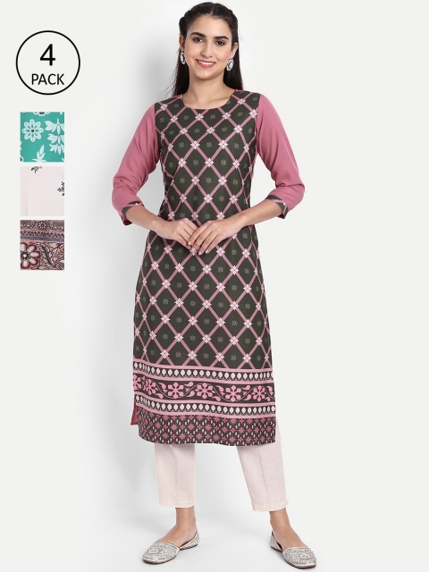 

Ethnic basket Women Pack Of 4 Printed Crepe Kurta, Green