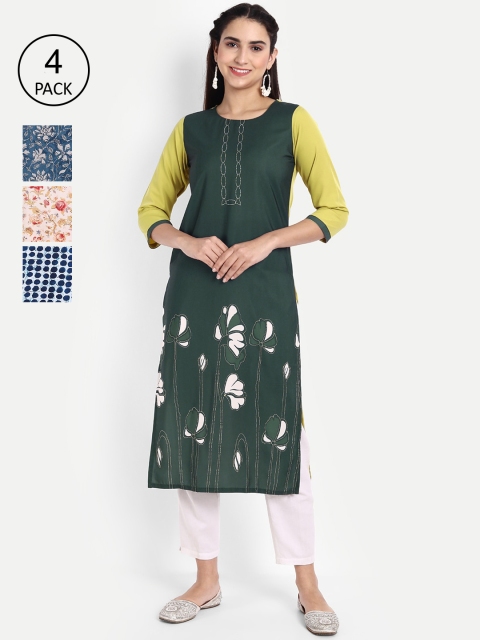 

Ethnic basket Women Green & Blue Pack Of 4 Printed Straight Kurta