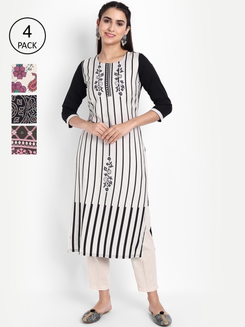 

Ethnic basket Women Pack of 4 Black & White Printed Crepe Kurta