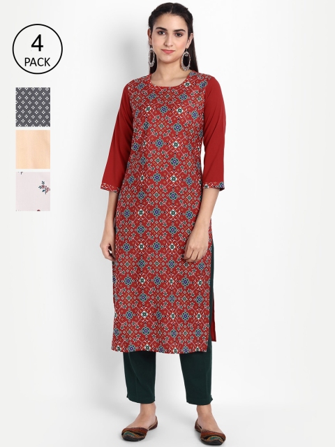 

Ethnic basket Women Pack of 4 Printed Kurtas, Red