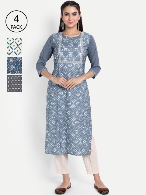 

Ethnic basket Women Pack Of 4 Floral Printed Crepe Kurta, Blue