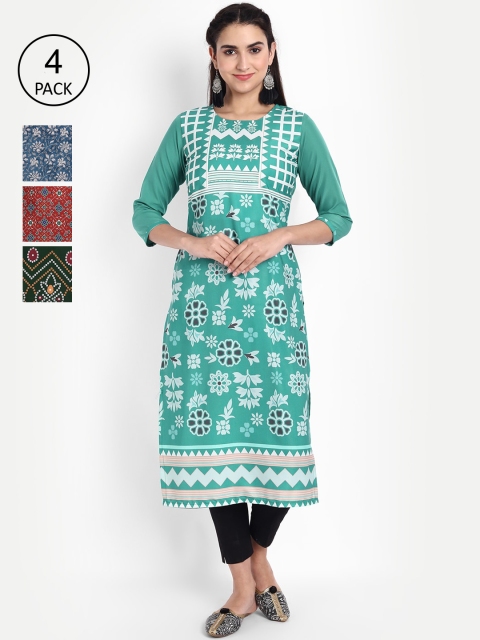 

Ethnic basket Women Pack Of 4 Printed Crepe Kurta, Green