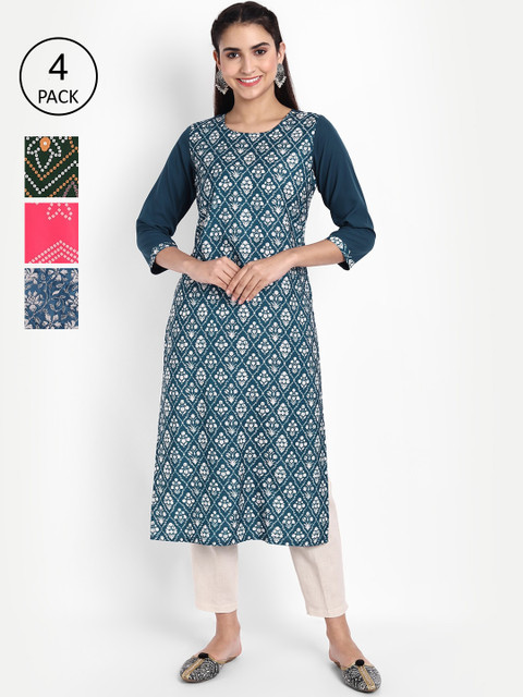 

Ethnic basket Women Pack Of 4 Multicoloured Geometric Printed Crepe Kurtas, Multi