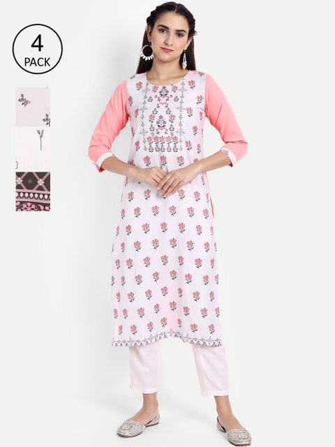 

Ethnic basket Women Pack of 4 Pink & White Printed Crepe Kurta